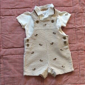 Little Me Cream Overalls with White Shirt